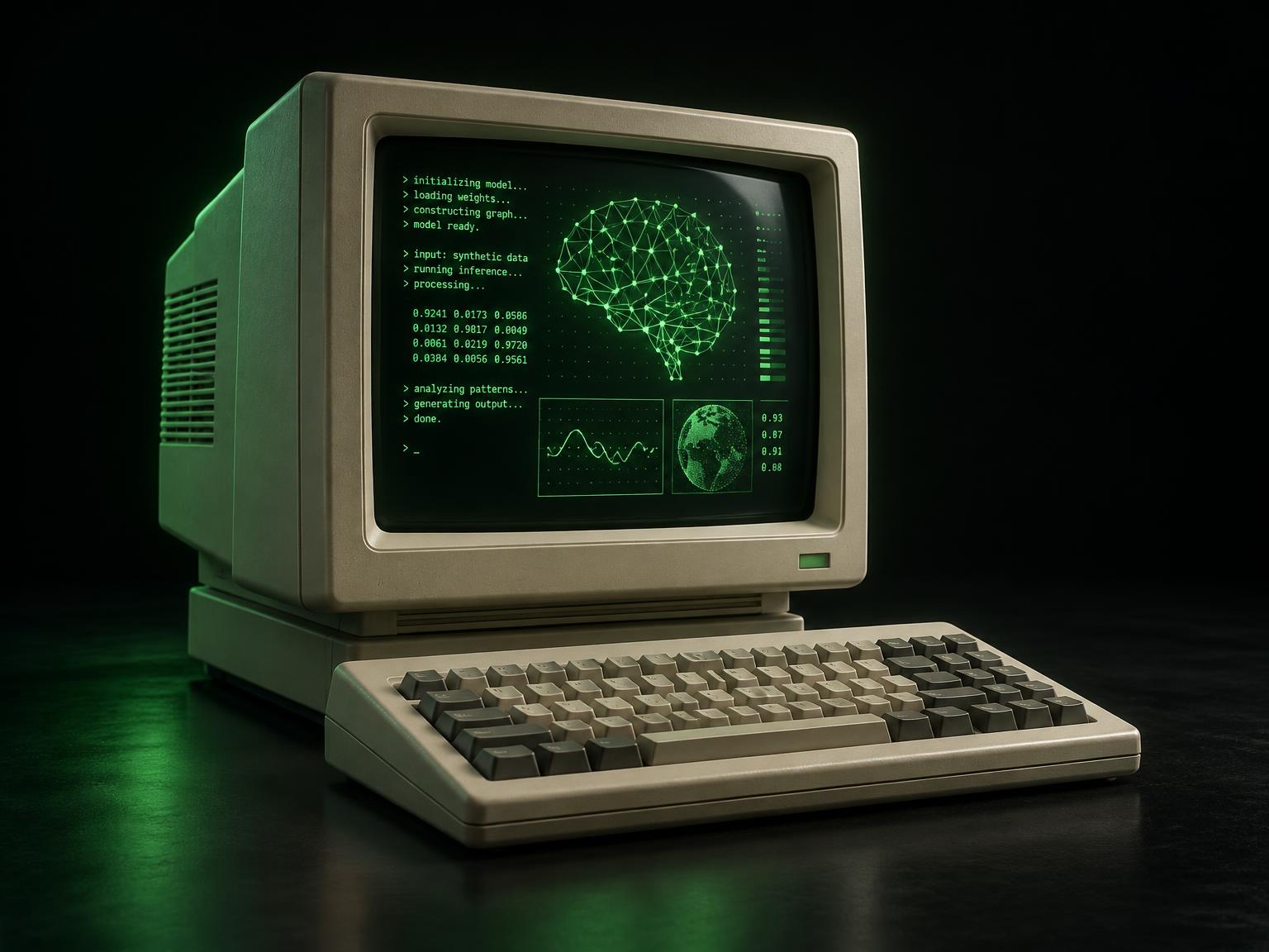Retro computer monitor displaying green AI code